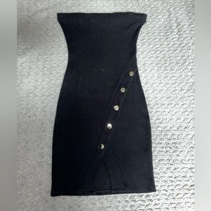 strapless black mini dress